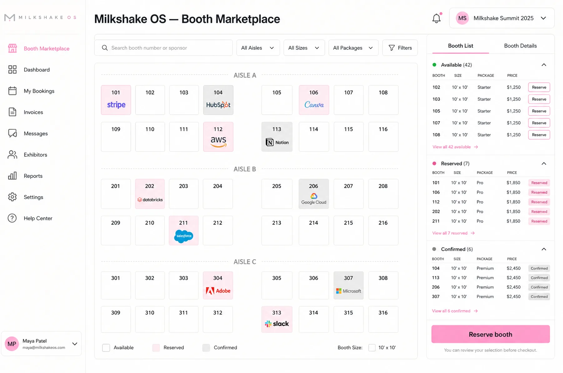 Booth marketplace with live availability and exhibitor deal status