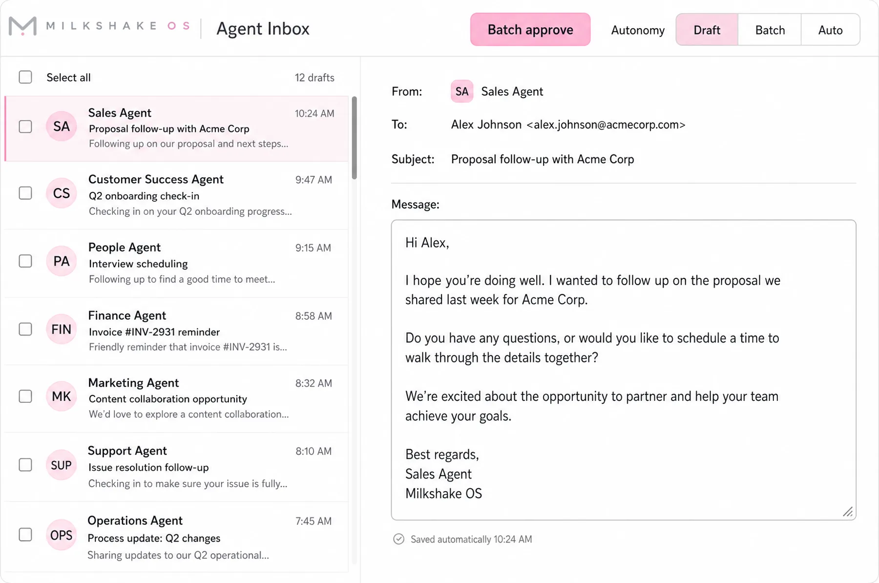 Agent Inbox showing AI-drafted proposals awaiting approval